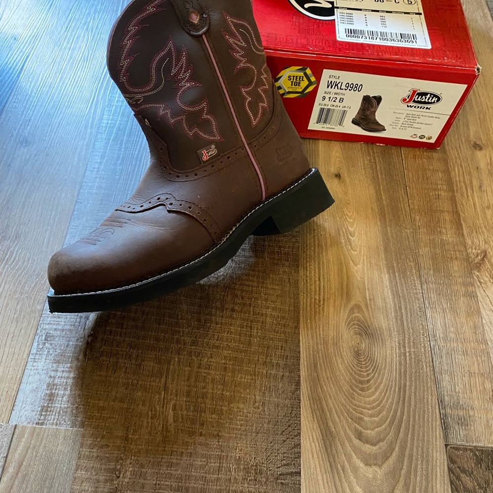 Justin Boots Brown Steel-Toe Western Work Boot with Pink Stitching EUC